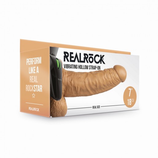 Karmelowe wibrujące dildo strap-on dla mężczyzn RealRock 18cm