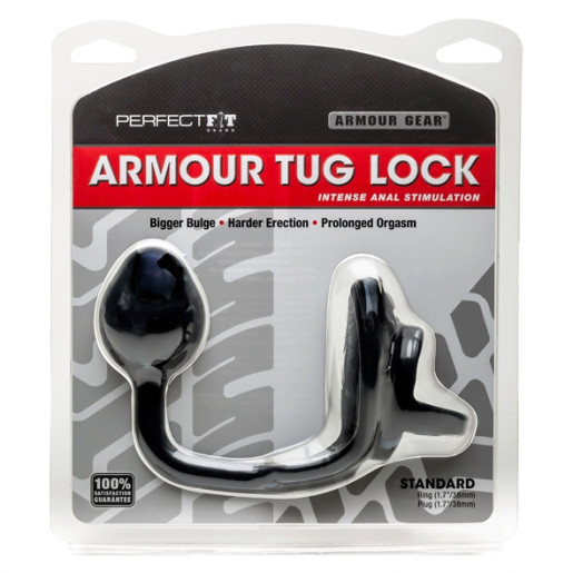 Pierścień erekcyjny z zatyczką analną Perfect Fit Armour Tug Lock czarny